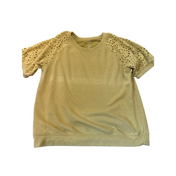 Sonoma Womens Yellow Eyelet Sleeve Top M Cotton Blend Shabby Chic Solid Print - Picture 1 of 4